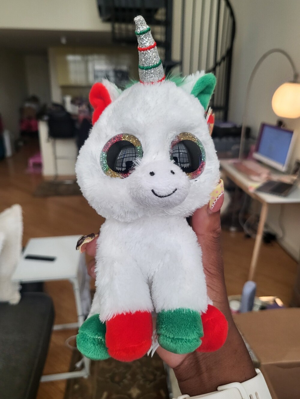 TY Silk Beanie Babies - White Unicorn Plush - Candy Cane 6.5"